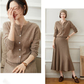 Crew Neck Button Front Long Sleeve Cashmere Cardigan Top